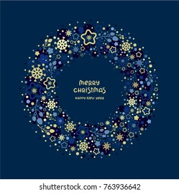 Beautiful Christmas wreath vector illustration on dark blue background. Template for holiday greeting card and christmas decoration. Christmas lettering.