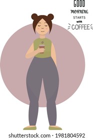 A beautiful chubby girl drinks coffee. Vector illustration. This image can be used to create banners and posters for coffee shops.