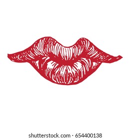 Beautiful, chubby lips shape (emotional cheerful, playful, sexy), woodcut style design, hand drawn doodle, sketch in pop art style, isolated vector illustration