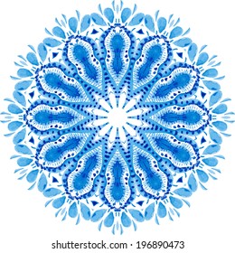 Beautiful circle background. Hand drawn card template. Mandala pattern. Watercolor vector blue background.