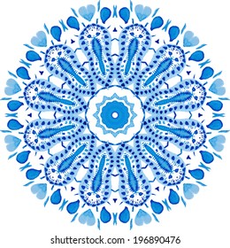 Beautiful circle background. Hand drawn card template. Mandala pattern. Watercolor vector blue background.
