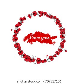 Beautiful circle frame with red poppies on a white background. Nice nature template with smeared red paint. Can be used like cards for Remembrance Day, or photo frame, or your design.