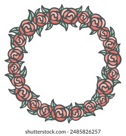 Beautiful circle of roses frame border illustration in bold outline hand drawing elegant style