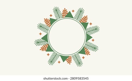 Beautiful circular festive frame decorated with green pine branches, brown leaves, and golden stars on a light background.