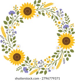 Beautiful circular floral wreath featuring bright sunflowers wildflowers and botanical foliage. Perfect for wedding invitations greeting cards seasonal decorations farmhouse themes and nature inspired creative projects.