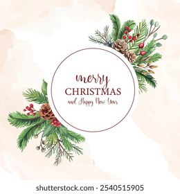 A beautiful circular frame featuring fir tree branches, pine cones, and red berries, ideal for a Merry Christmas greeting card design. Embrace the festive spirit with this charming illustration.