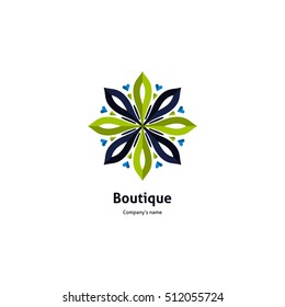Beautiful circular green logo for organic products, eco cosmetics, boutique, flower shop. Company mark, emblem, element. Simple geometric mandala logotype. Kaleidoscope big bud. Surround blossom.