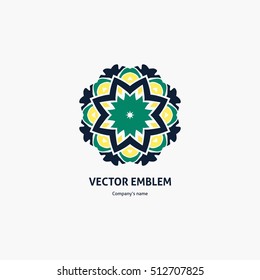 Beautiful circular green retro logo for boutique, flower shop, business. Company mark, emblem, element. Simple geometric mandala logotype. Kaleidoscope big bud. Surround abstract blossom. Vintage. Eco