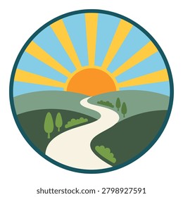 Beautiful circular icon featuring sunrise over rolling green hills and winding road landscape nature scene.