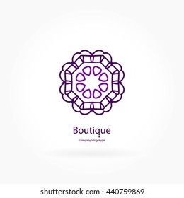 Beautiful circular logo for boutique, interior, flower shop. Stylized purple flower, element. Simple geometric logo. Linear mandala icons, business, invitations. Vintage. 
