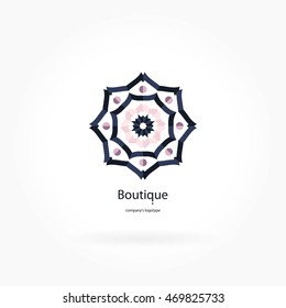 Beautiful circular logo in soft pastel colors for boutique, flower shop, business. Company mark, emblem, element. Simple geometric mandala logotype. Kaleidoscope big bud. Surround abstract blossom.