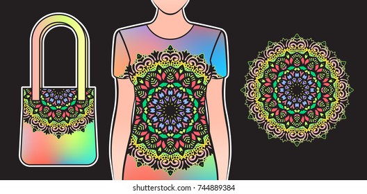 Beautiful circular ornament mandala. Mock up design for t-shirts, bags, women's clothing, phone and much more.