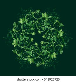 Beautiful circular pattern of floral. Ornament with leaves and grapes. Vector illustration on the green background .