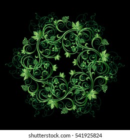 Beautiful circular pattern of floral. Ornament with leaves and grapes. Vector illustration on the black background .