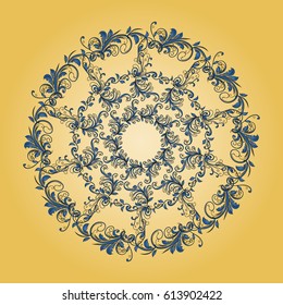 Beautiful circular pattern of floral. Ornament with leaves, mandala on the yellow background.