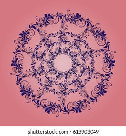 Beautiful circular pattern of floral. Ornament with leaves, mandala on the pink background.