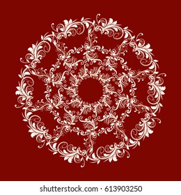 Beautiful circular pattern of floral. Ornament with leaves, colorful mandala on the red background.