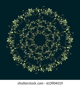 Beautiful circular pattern of floral. Ornament with leaves and grapes. Vector mandala on the blue background.