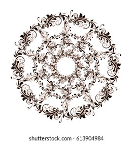 Beautiful circular pattern of floral. Ornament with leaves, mandala on the white background.
