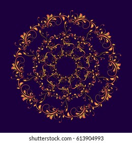 Beautiful circular pattern of floral. Ornament with leaves and grapes. Vector mandala on the blue background.