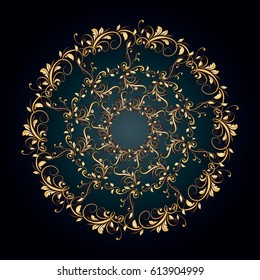 Beautiful circular pattern of floral. Ornament with leaves and grapes. Vector mandala on the blue background.