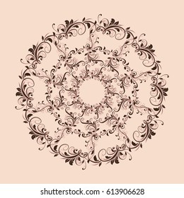 Beautiful circular pattern of floral. Ornament with leaves, mandala on the pastel background.