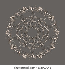 Beautiful circular pattern of floral. Ornament with leaves, mandala on the grey background.