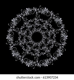 Beautiful circular pattern of floral. Ornament with leaves, mandala on the black background.