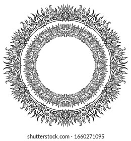 Beautiful circular pattern frame, with many small details symmetrically arranged around the perimeter. 2D illustration.