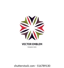 Beautiful circular retro logo for boutique, flower shop, business. Company mark, emblem, element. Simple geometric mandala logotype. Kaleidoscope big bud. Surround abstract blossom. Vintage. Eco