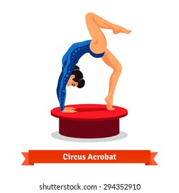 Beautiful circus acrobat flexible performs gymnastic bridge standing on arms and one leg. Flat vector illustration isolated on white background.