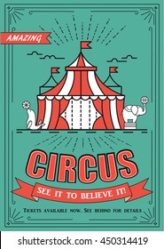 Beautiful Circus vector poster, or flyer in retro style. Festival event invitation template with lettering, marquee, elephant, seal and more