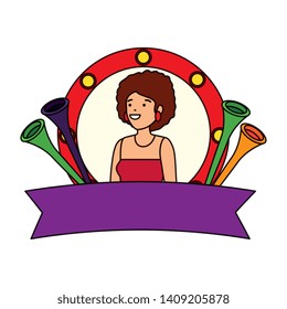 beautiful circus woman with trumpets in emblem