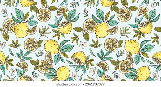 Hermoso vector de limón cítrico lindo patrón sin fisuras en estilo infantil. Lemones, rodajas de limón con hojas. Fondo moderno para textiles, embalajes, diseños, tejidos de moda, papel tapiz