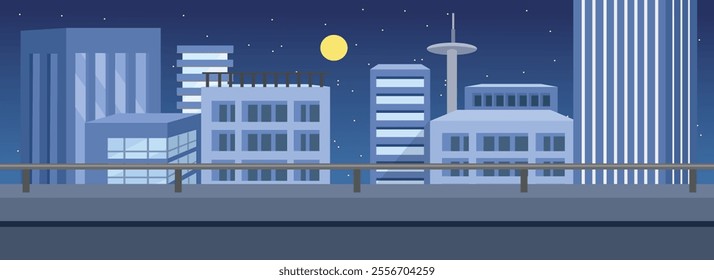 Beautiful city building at night. Skyscraper in the midnight. Modern building. Real estate. City tower. Night skyscraper. Moonlight. Apartment. Night town. 