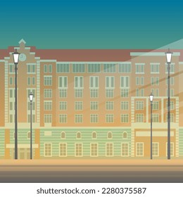 Beautiful city building on a night square with street lighting. Retro style. Classic hotel and theater architecture. Vector illustration