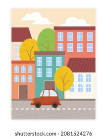Beautiful city landscape concept. Poster with beautiful houses, autumn tree, road and car. Modern city with apartments. Design element for printing on paper or fabric. Cartoon flat vector illustration