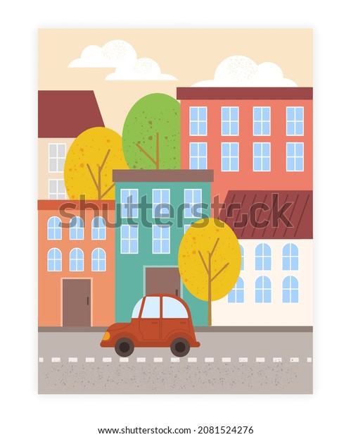 Beautiful city landscape concept. Poster\
with beautiful houses, autumn tree, road and car. Modern city with\
apartments. Design element for printing on paper or fabric. Cartoon\
flat vector\
illustration