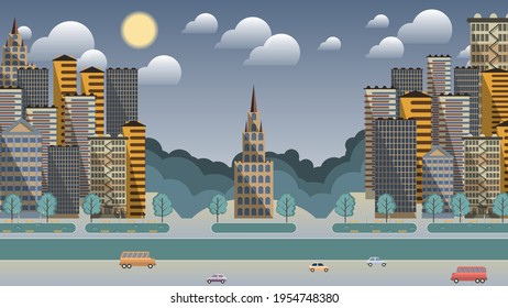 beautiful city landscape. flat design. city transport on the road, a park area with lawns, lanterns, benches, buildings, an area against the background of a forest, sky with sun and clouds. vector 