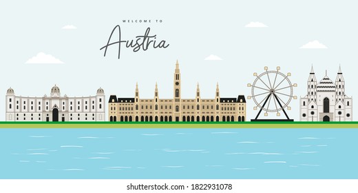 Beautiful city landscape view of Austria with landmark travel collection in Vienna, Austria. Tourist travel destination must visit. The Hofburg, St. Stephen's Cathedral, Prater and Rathaus