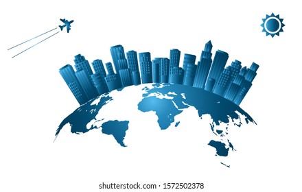 A beautiful city on the blue world map For tourism business, travel, banner - vector