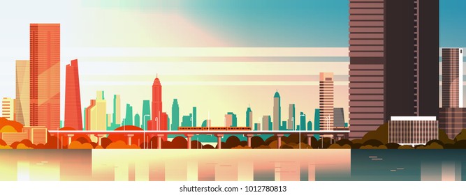 Hermosa Ciudad En Panorama De Puentes De Sol Con Altos Rascacielos Y Paisaje En Metro Sobre El Fondo Del Agua Ilustración Vectorial Plana