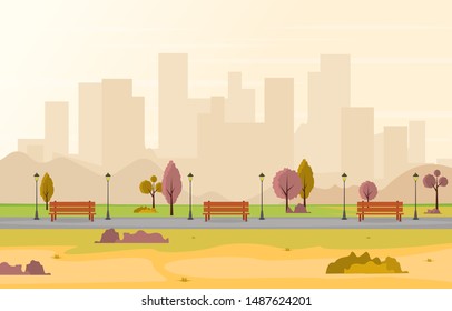 Beautiful City Park in Fall Autumn with Building Skyline Illustration