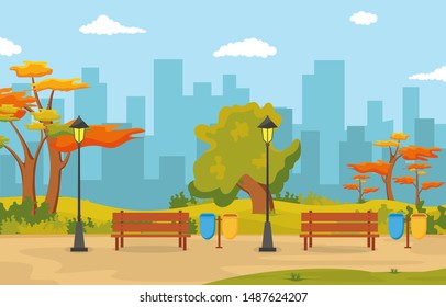 Beautiful City Park in Fall Autumn with Building Skyline Illustration