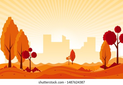 Beautiful City Park in Fall Autumn with Building Skyline Illustration