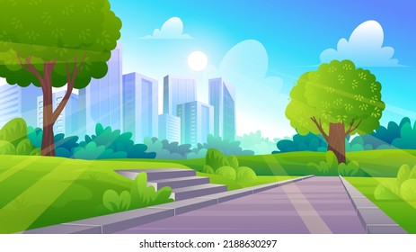 Beautiful City park with street, green lawn, trees and skyscraper buildings cartoon illustration