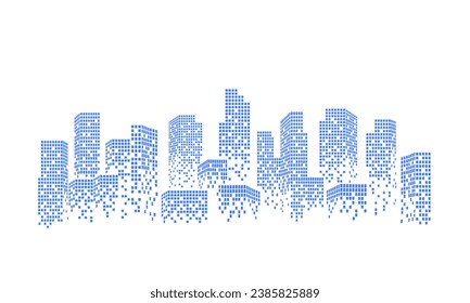 Beautiful city skyline with abstract futuristic pixel grid