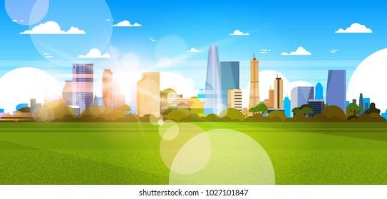 Beautiful City Skyline With Sunlight Over Skyscrapers Buildings Cityscape Concept Horizontal Banner Flat Vector Illustration