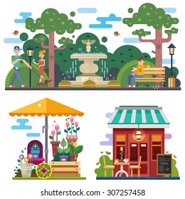 Beautiful city space in summer time: flower shop, cafe outdoor. Walking the dog in the city park, rest on the bench. People characters. Vector flat illustration