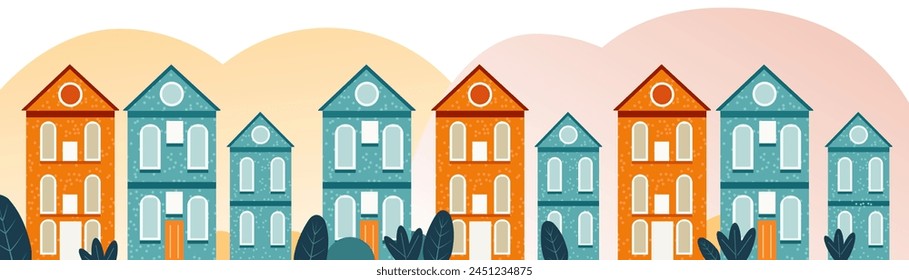 Beautiful cityscape, city buildings in Scandinavian style. Cosy town panorama with home exteriors. Flat vector illustration isolated